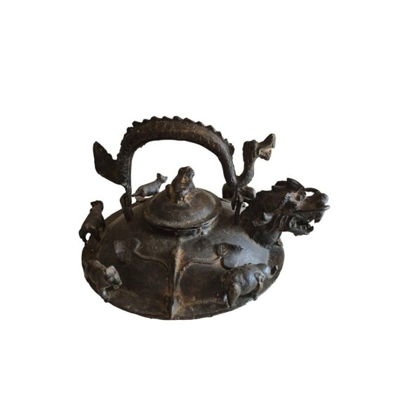 Antique Handmade Chinese Bronze Dragon Ornamental Ceremonial Teapot Kettle - Picture 2 of 7